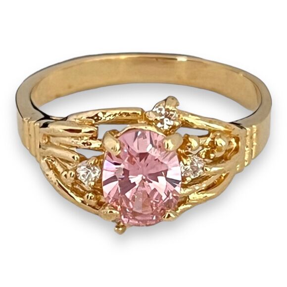 Vintage Ring Size 6 Pink Cubic Zirconia Cocktail 14K Gold Plate Mid-Century 14C - Picture 1 of 11
